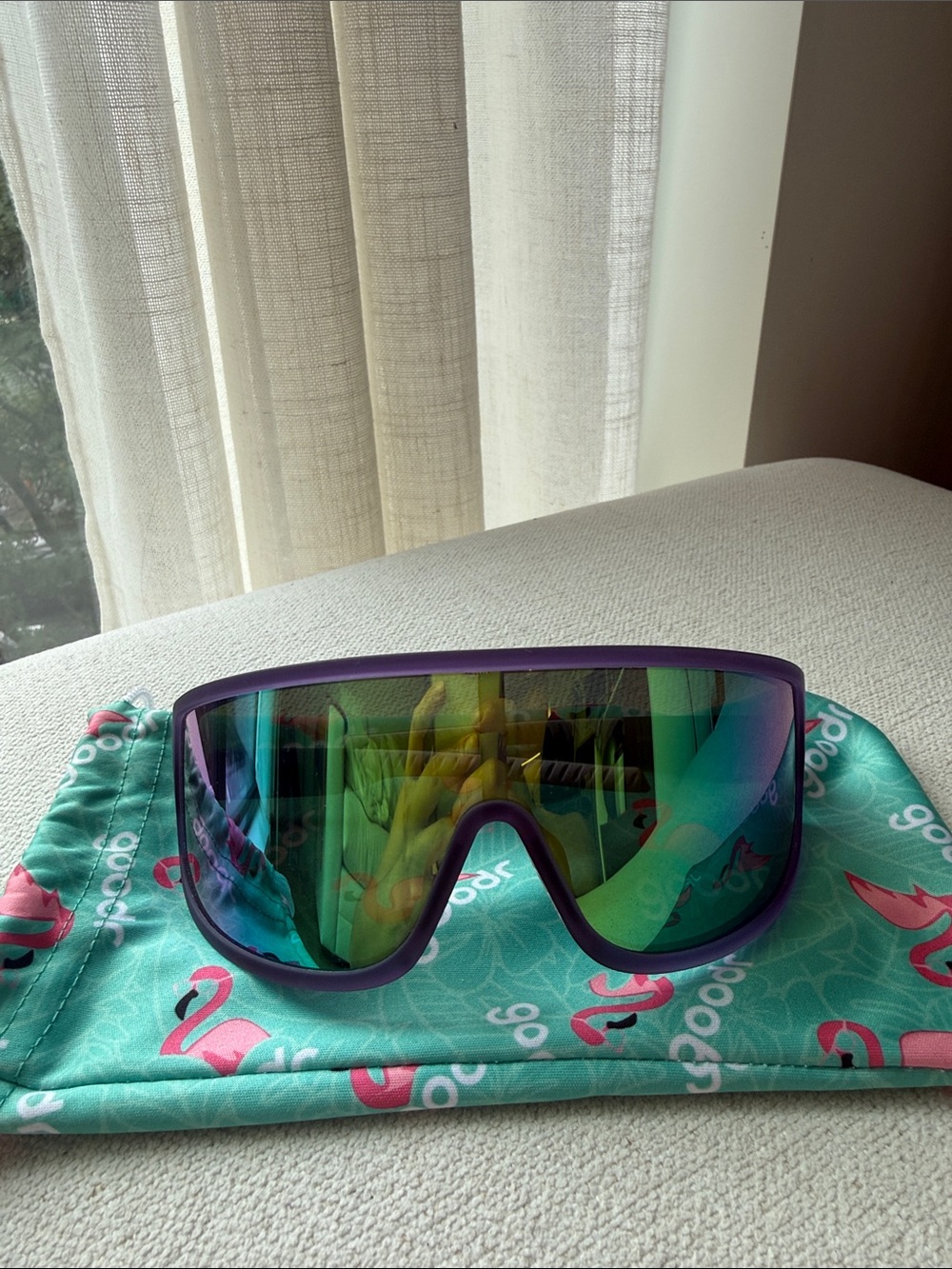 Purple Women's Shield Sunglasses with Green Mirrored Lens